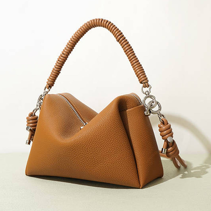 Soft Cowhide Handbag Cord Strap Women's Niche High-end Small Shoulder Messenger Bag Elegant Purses Clutch Rope Weaving Handle